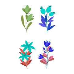 Vibrant Collection of Four Illustrated Botanical Sprigs with Colorful Flowers and Leaves on White Background