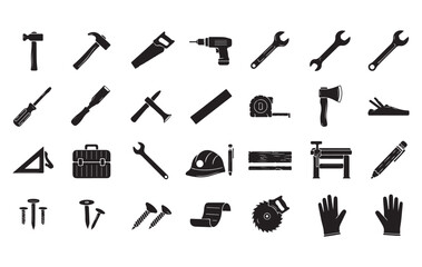 Vector set of gardening tools icons with a black silhouette design in a collection for a web illustration