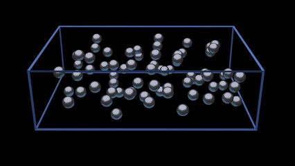 Chaotic arrangement of atoms. Disordered atomic structure. Randomly spread particles. Uneven spacing of spheres, balls.  Superinsulator material. 3d render illustration.