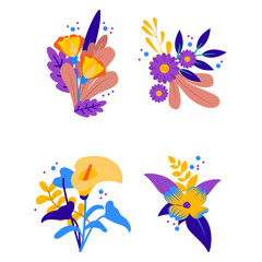 Vibrant floral arrangements and bouquets of stylized plants and flowers in bright colors