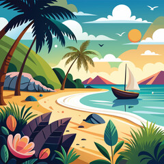 Obraz premium Sunset horizon tropical coast with palm silhouettes and radiant colorful sky artwork
