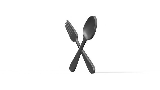 Continuous line drawing of crossed fork and spoon, minimalist design for restaurant or kitchen.