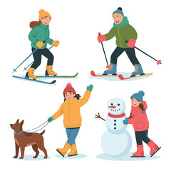 Happy Children and Families Enjoying Winter Sports and Recreation Outdoors