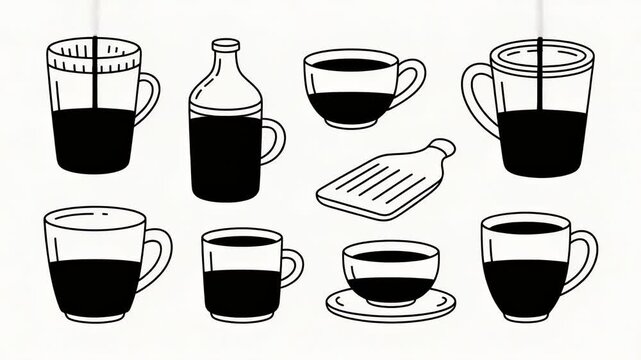 Coffee pouring animation design, coffee cups and pouring coffee black and white illustration.
