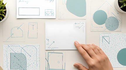 Hand Moving Brand-Free Wireframe Cards on Clean Desk