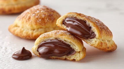 Freshly baked pastries sit on a wooden surface showcasing a golden brown exterior. The flaky layers reveal rich gooey chocolate inside inviting anyone to indulge.
