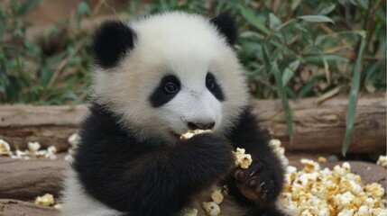 Obraz premium A playful baby panda enjoys munching on popcorn in a lush outdoor environment. The scene captures the joy and curiosity of this young creature as it explores its surroundings.