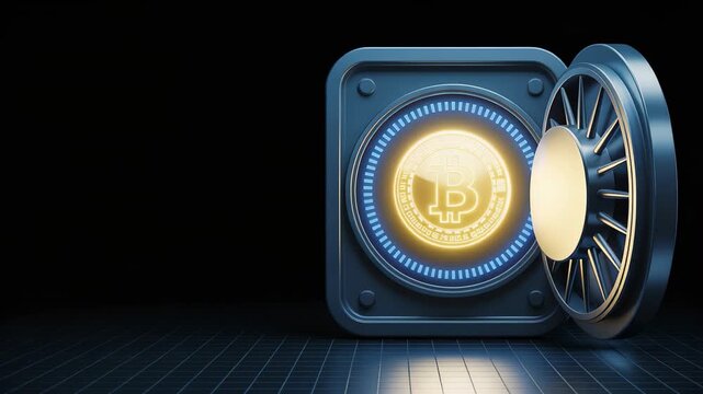 Cryptocurrency protection video: Bitcoin secured inside a vault with digital security and glowing accents showcasing financial technology.