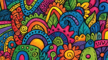 This artwork features an energetic mix of colors shapes and patterns creating an abstract design. Flowery forms and swirling lines combine to evoke joy and creativity.