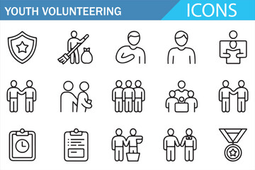 Line Icon Set: Youth Volunteers, Community Cleanup, Charity Aid, Mentoring, Recognition and Planning Symbols
