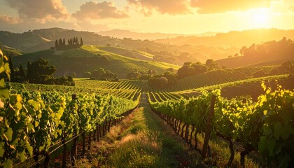 Fototapeta premium Picturesque Vineyard Landscape Bathed in Golden Sunlight During a Sunny Day