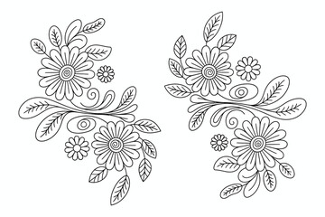 Delicate Floral Design with Daisies and Leaves Intricate Black and White Line Art for Coloring Books and Creative Projects