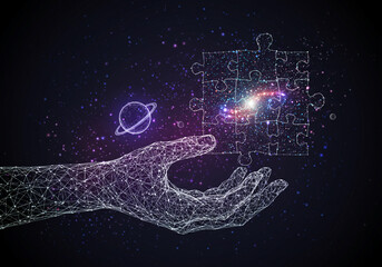 Abstract hand holding a space puzzle, connecting the universe with creative solutions, offering cosmic insight and unlocking universal knowledge in vibrant hues