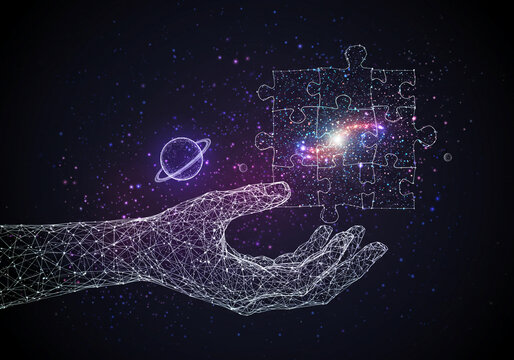 Abstract hand holding a space puzzle, connecting the universe with creative solutions, offering cosmic insight and unlocking universal knowledge in vibrant hues