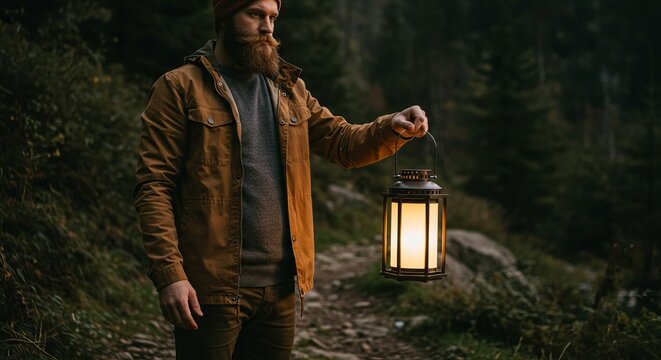A man with a beard and a red beanie holds a glowing lantern while standing on a path in a dark forest.
