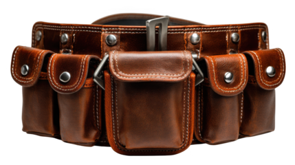 Brown leather tool belt isolated on transparent background