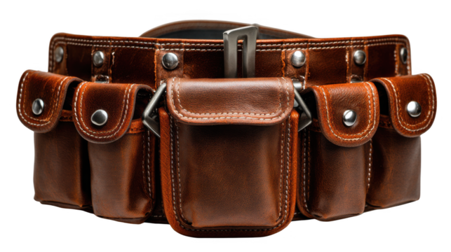 Brown leather tool belt isolated on transparent background
