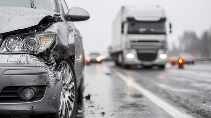 Fototapeta premium Car accident on a rainy highway with truck in the background
