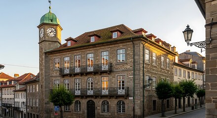 Historic building with clock tower in European city.