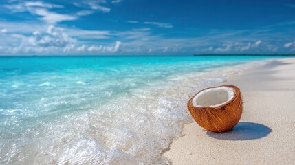 Obraz premium A coconut shell rests on soft white sand near turquoise ocean waves. The scene is bright and sunny showcasing the beauty of a tropical beach at midday.