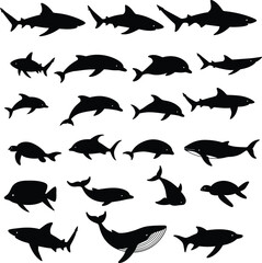Marine Life Silhouette Vector Set .
