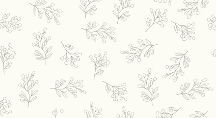 A delicate pattern of scattered botanical elements and leaves in a subtle off-white textured background.