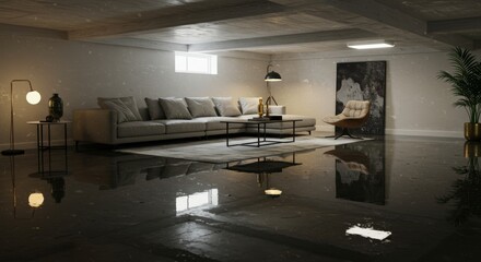 A flooded modern living room with a sectional sofa, coffee table, and armchair, featuring a dark, reflective floor.