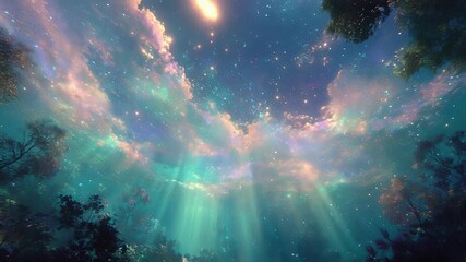 Ethereal Sky with Light Beams and Sparkling Clouds, Fantasy Landscape with Trees and Celestial Glow, Dreamy Atmosphere - Powered by Adobe