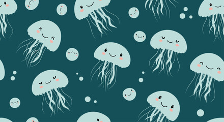 Naklejka premium Adorable cute jellyfish floating happily in the deep blue ocean with small bubbles.