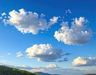 Bright Blue Sky with Puffy White Clouds over Green Hills