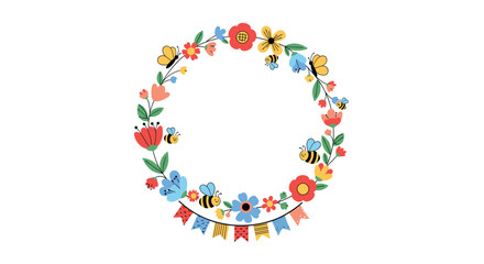 A cheerful circular wreath adorned with vibrant flowers playful insects and a string of colorful bunting flags.