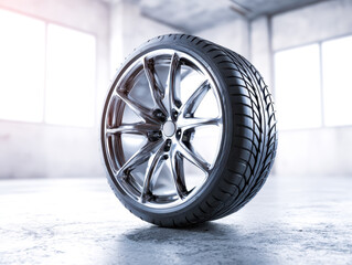 Modern silver alloy car wheel with tire in a bright industrial setting