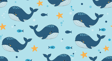 Cute blue whales swimming with small fish and star shapes in the ocean water.