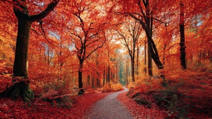 Naklejka premium Colorful autumn forest trail with vibrant red and orange leaves in a peaceful setting
