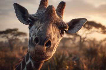 A hyper-realistic photograph of a giraffe tilting and lowering its head, eyes wide and curious