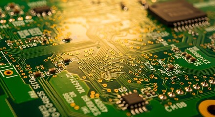 Obraz premium Closeup of a green circuit board with electronic components and gold traces