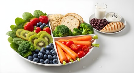 Healthy balanced lunch with vegetables, fruits, grains, and protein on white background