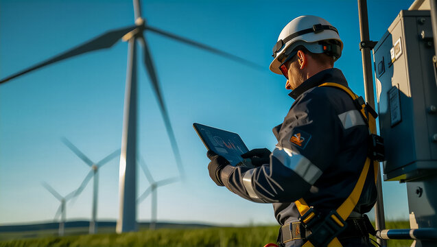 A renewable energy technician in safety harness performs data analysis on a modern wind turbine's nacelle, showcasing sustainable technology and green industry under a clear blue sky