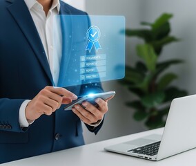 Businessman using smartphone with futuristic holographic interface displaying financial data and charts
