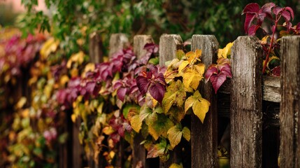 Rustic wooden fence covered in climbing autumn ivy