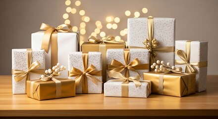 Elegant collection of festive gift boxes adorned with golden ribbons and festive lights, perfect for celebrations.