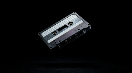 Audio cassette levitating with reflected light on a dark background, symbolizing nostalgic music and retro technology