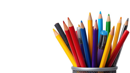 Fototapeta premium Assorted school supplies with ballpoint pens, pencils, colored pencils, and markers in a pen holder isolated on transparent background.