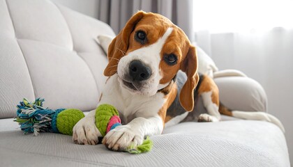 Beagle dog playing with toy on couch