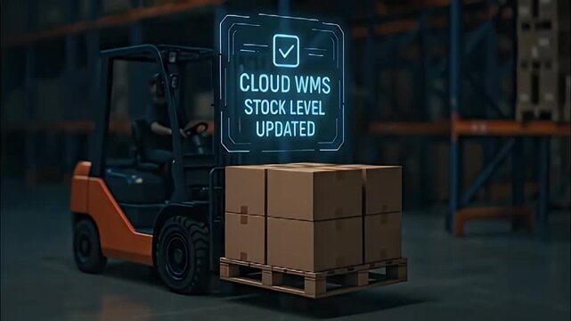 Cloud warehouse forklift pallet cardboard box inventory logistics supply chain cloud WMS stock level updated holographic dashboard efficient inventory management automation