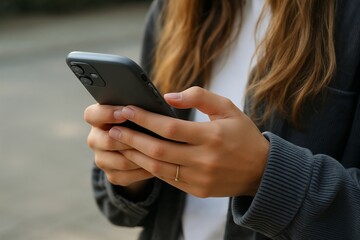 Young woman using smartphone while standing outdoors in casual attire  