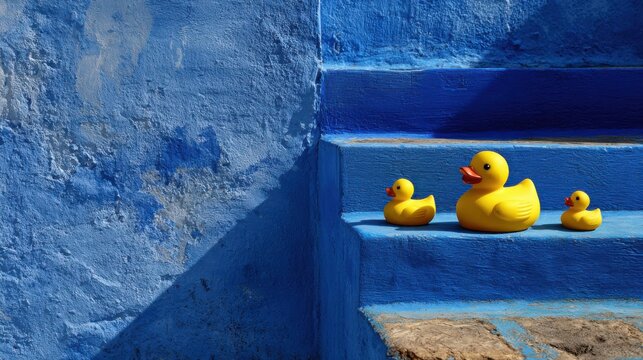 Three vibrant yellow rubber ducks rest on a set of striking blue steps. The scene captures a playful atmosphere highlighted by bright colors in natural light.