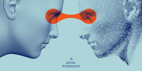 Artificial intelligence concept. Visual contact. A digital human head. People talk face to face. Illustration of the communication between two humans in form of telepathy. Vector.