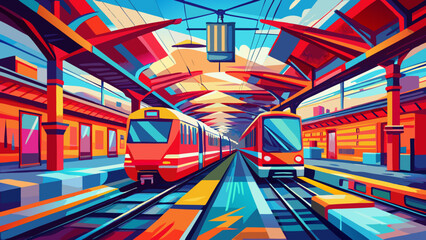 very beautiful Urban Train Station Scene Red Trains Watercolor Impressionism