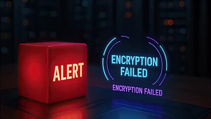 Alert red cube server rack neon encryption failed warning glowing blue and purple urgent security breach notification holographic error notification urgent warning light cyber data security server - Powered by Adobe